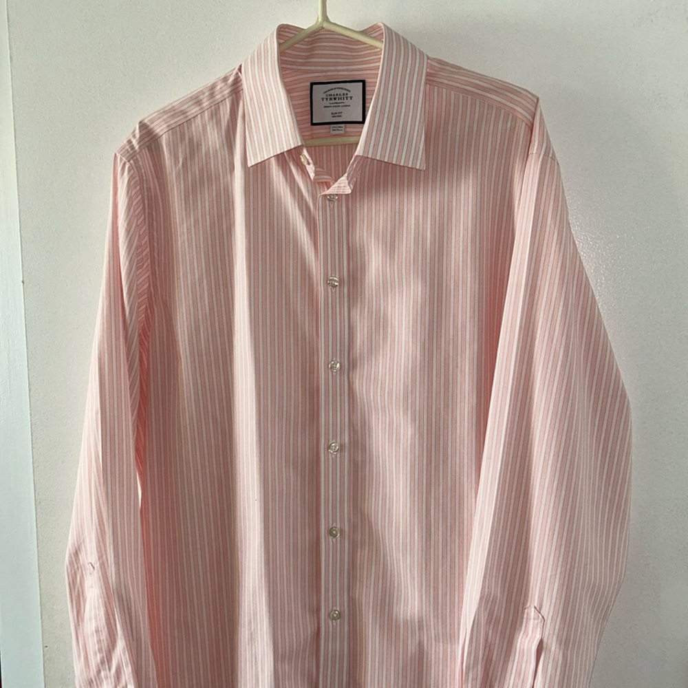 Charles Tyrwhitt Pink White Pinstripe Men’s 17 1/2 36 Inch Bottonup Dress Shirt